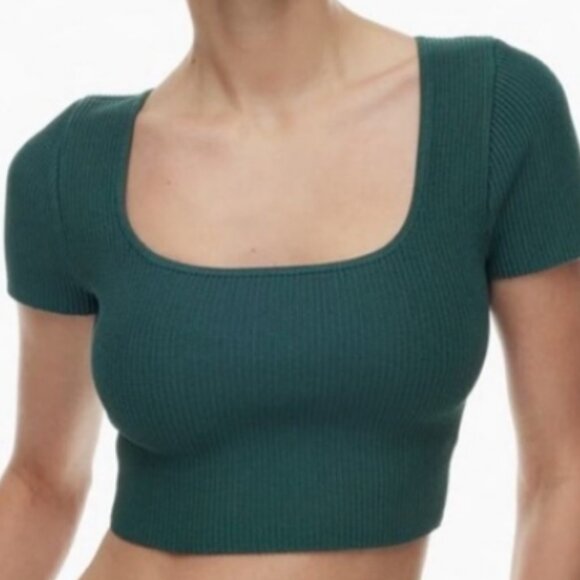 Aritzia Babaton Forest Green Square Neck Crop Top Short Sleeve Size Small - Picture 1 of 6
